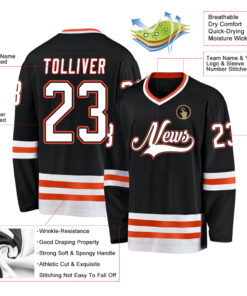 Custom Black White-Orange Hockey Jersey Suit for daily life, Fabric: 95% polyester and 5% spandex, Regular fit, Stitch Color: automatically matched based on patterns